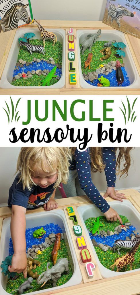 two children playing with jungle sensory bins in their playroom, and the words jungle on