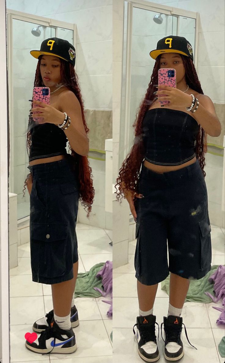 Jorts Women Outfits Y2k, How To Style Jorts Y2k, Tomboy Chic Outfits Summer, Streetware Outfits Woman, Outfit Ideas With Jorts, Black Jorts Fit, Jorts Outfit Women’s Streetwear, Summerfest Outfit, Luh Twizzy Outfits Women