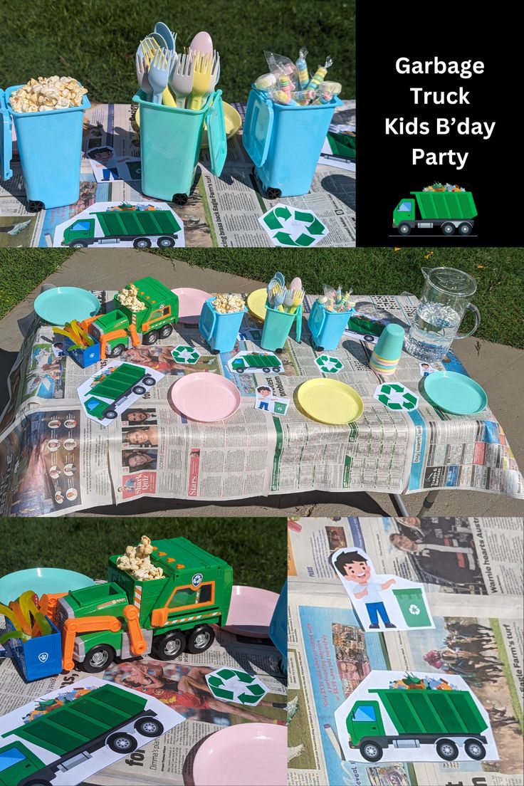 the table is set up with garbage cans and plastic containers for kids'birthday party