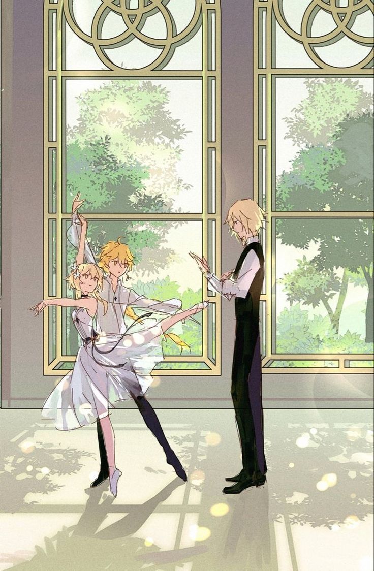 two people are dancing in front of large windows