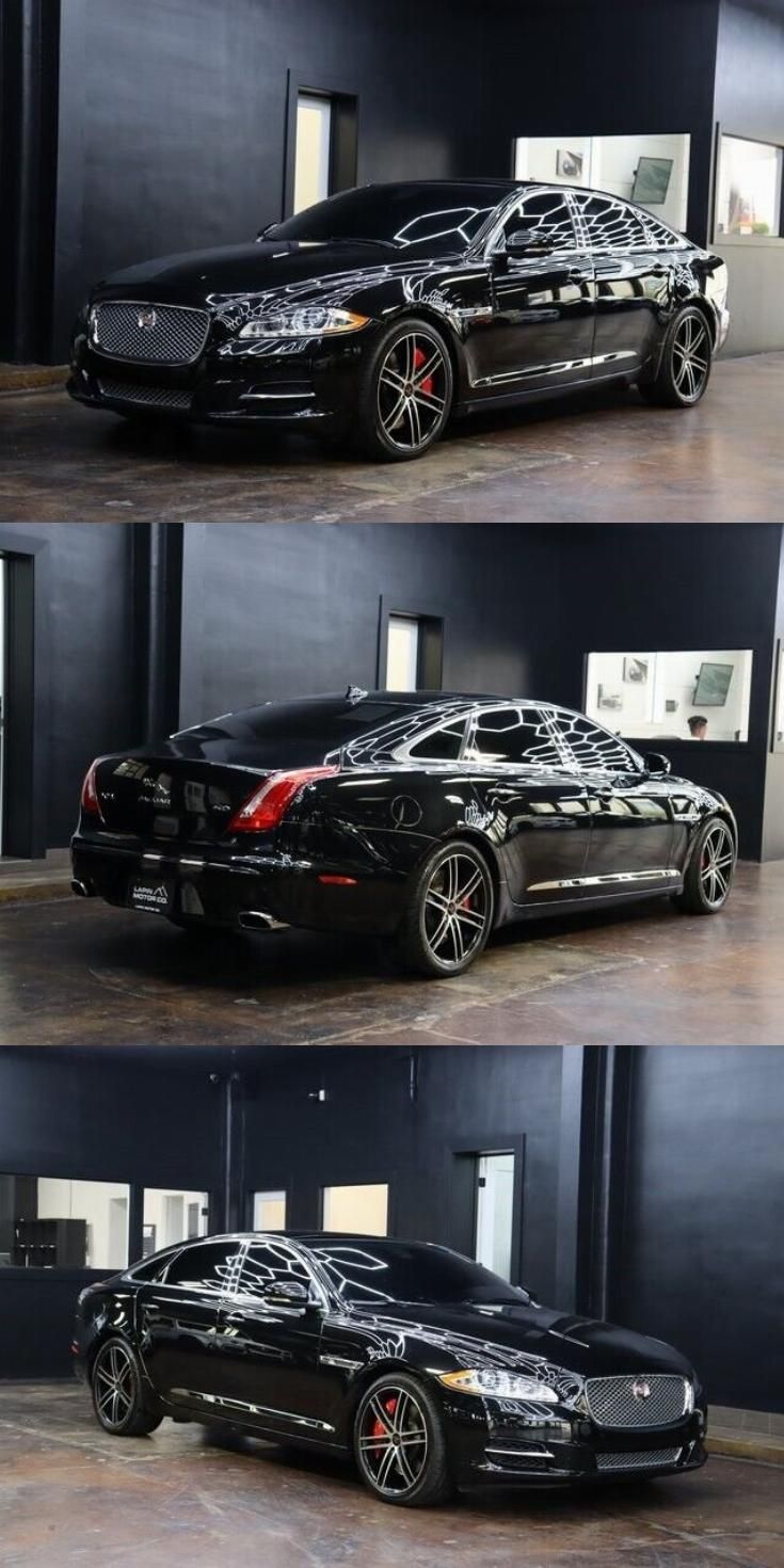 three different views of a black car parked in front of a building