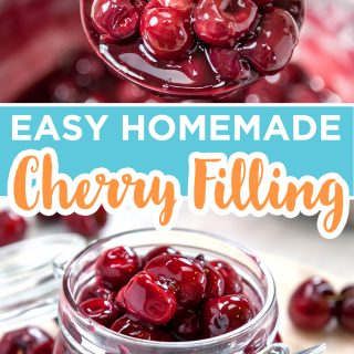 homemade cherry filling in a jar with cherries on the side and text overlay that reads easy homemade cherry filling