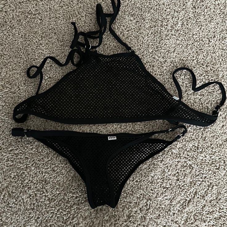 Black Mesh Wicked Weasel Halter Top Bikini! Size Small Never Worn! Black Mesh Swimwear For Vacation, Black Mesh Swimwear For Summer, Black Tie-side Swimwear For Festivals, Black Hollow Out Swimwear For The Beach, Black Hollow Out Beach Swimwear, Black Hollow Out Swimwear For Beach, Black Mesh, Halter Top, Womens Swim