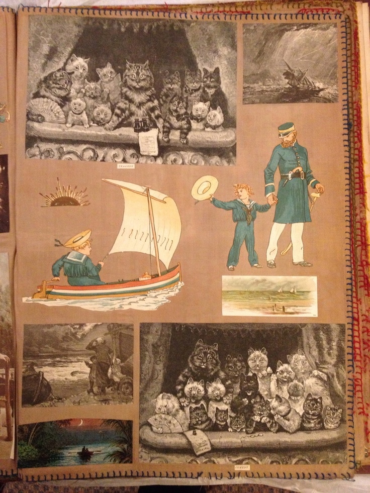 an old book with pictures of people and animals on the pages, including a sailboat