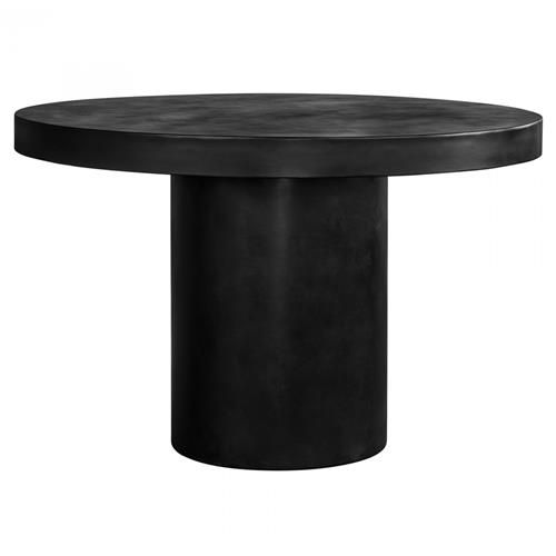 a black round table with an oval top on a white background, viewed from the front