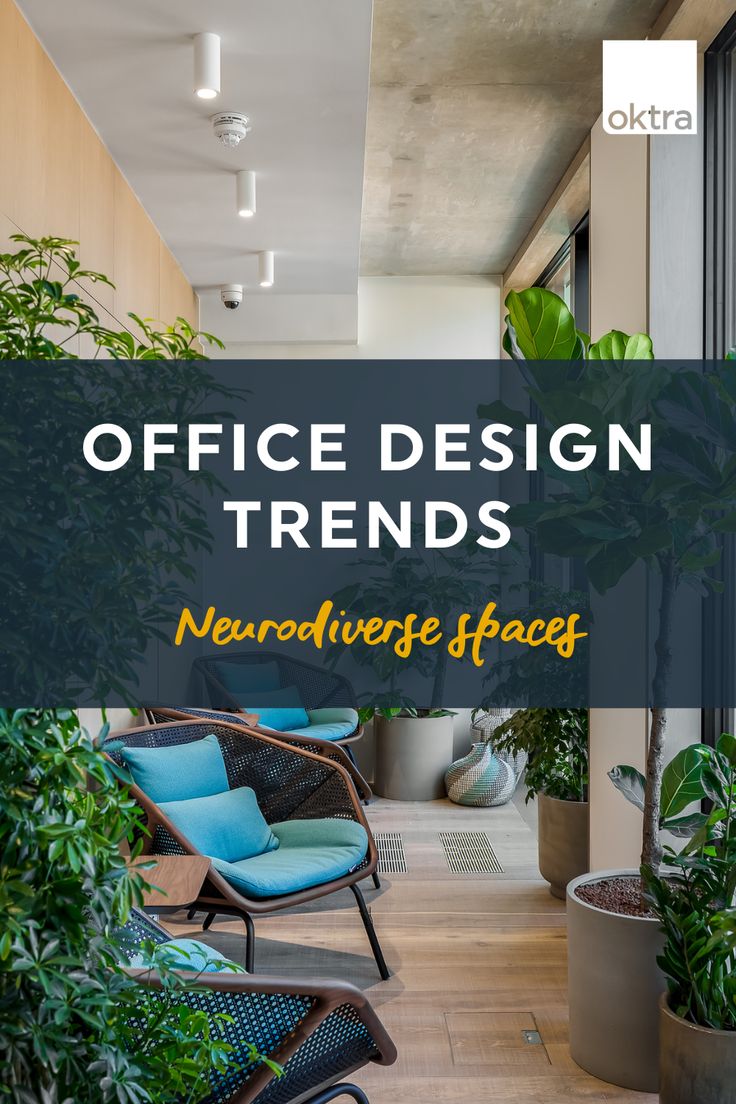 an office with plants and chairs on the floor in front of it, that says office design