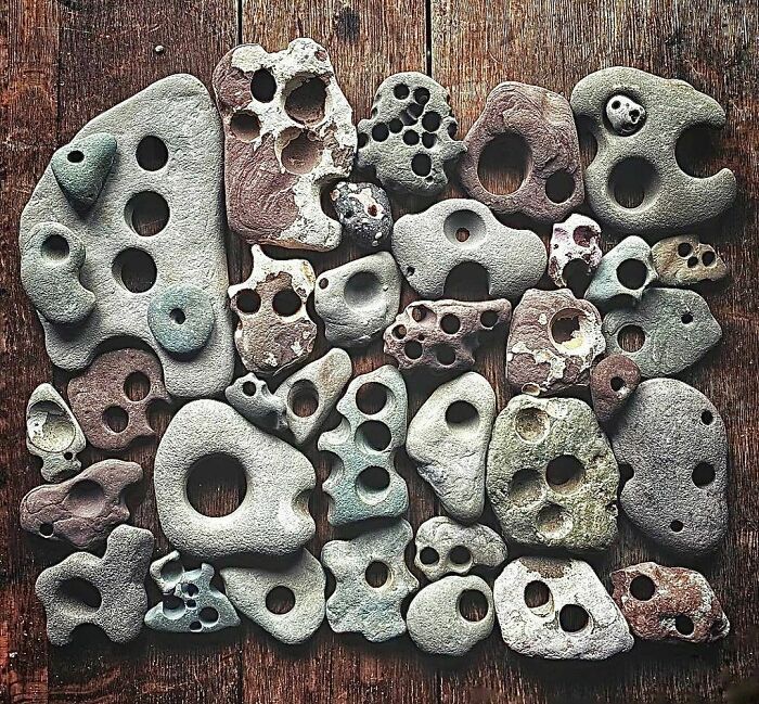 several different types of rocks sitting on top of a wooden table next to each other