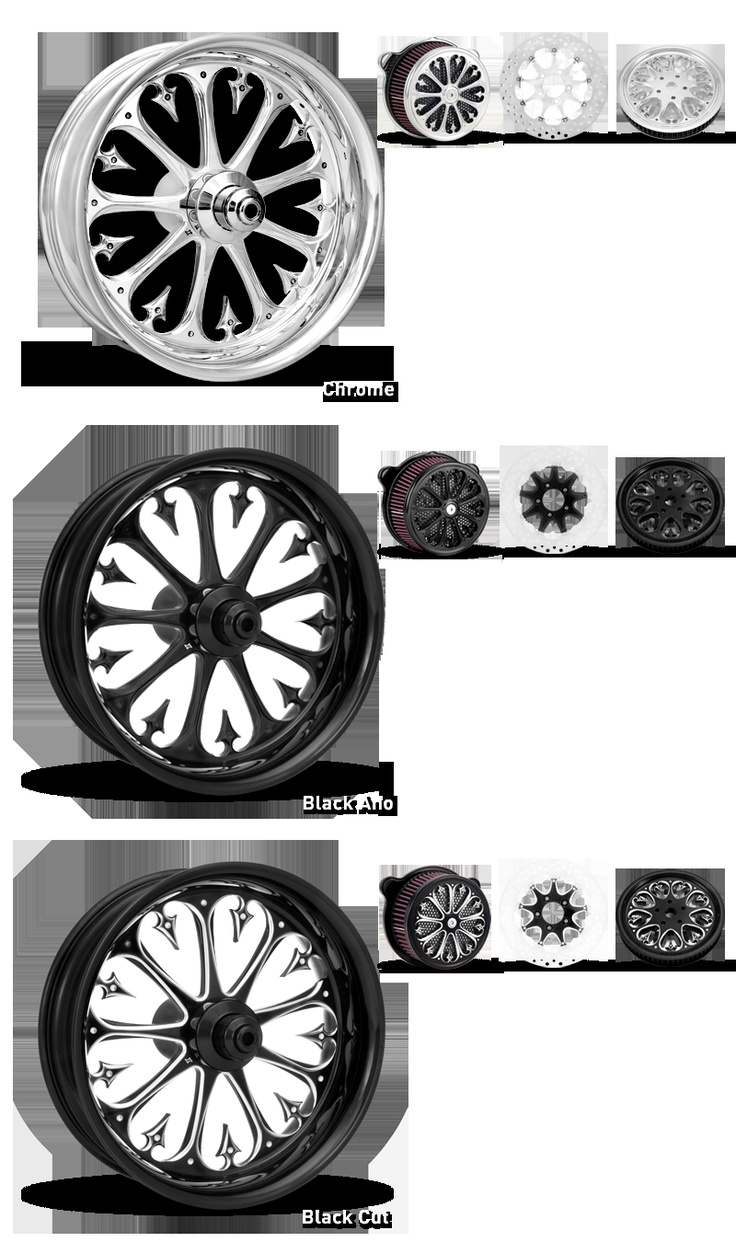 four different types of wheel rims and wheels on white background with black trimming