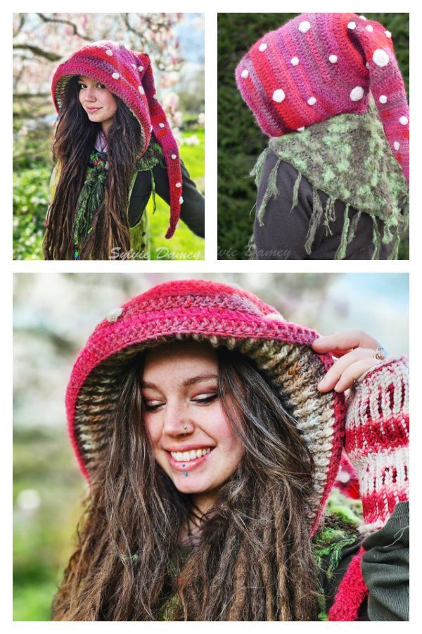 three photos of a woman wearing a hat and scarf