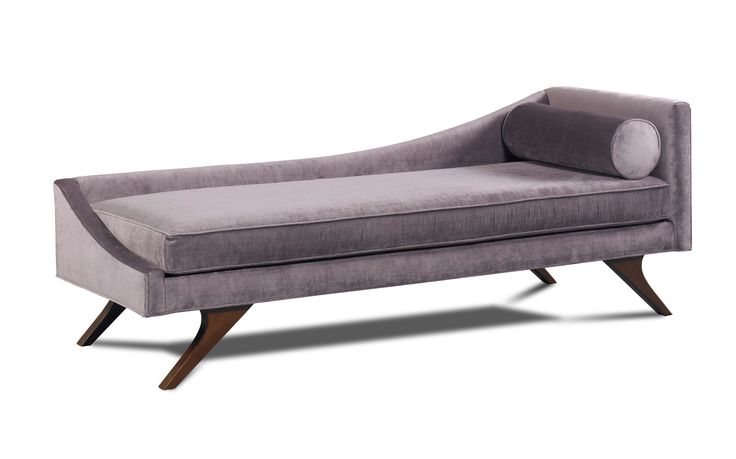 an upholstered chaise lounge chair with grey fabric and wooden legs, viewed from the front