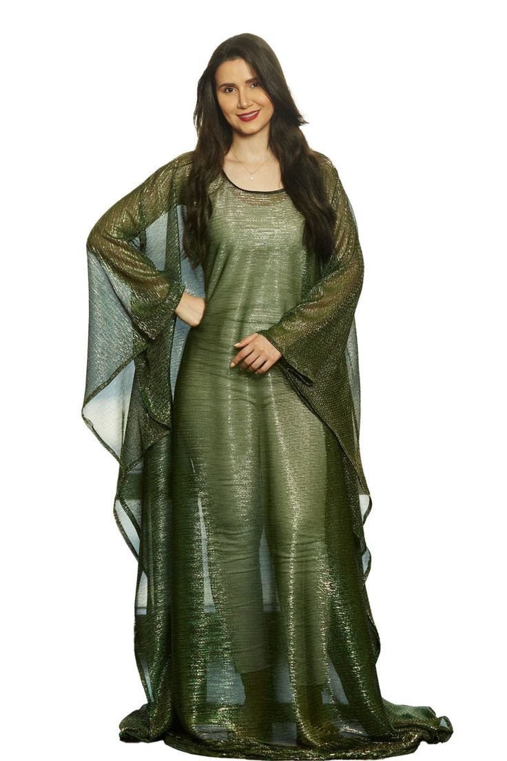 Festive Flowy Maxi Dress, Glamorous Gold Dress For Eid, Festive Gold Maxi Length Kaftan, Glamorous Green Festive Gown, Glamorous Festive Green Gown, Eid Green Floor-length Maxi Dress, Gold Maxi Length Abaya For Party, Gold Maxi Dress For Eid, Green Floor-length Maxi Dress For Eid