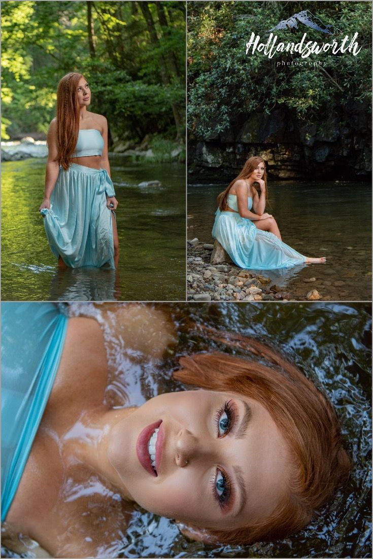 a woman in a blue dress is sitting in the water and posing for pictures with her hands on her hips