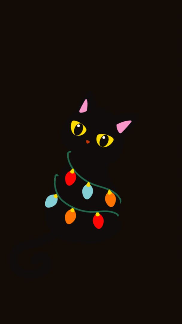 a black cat with christmas lights on it's head and eyes, sitting in the dark