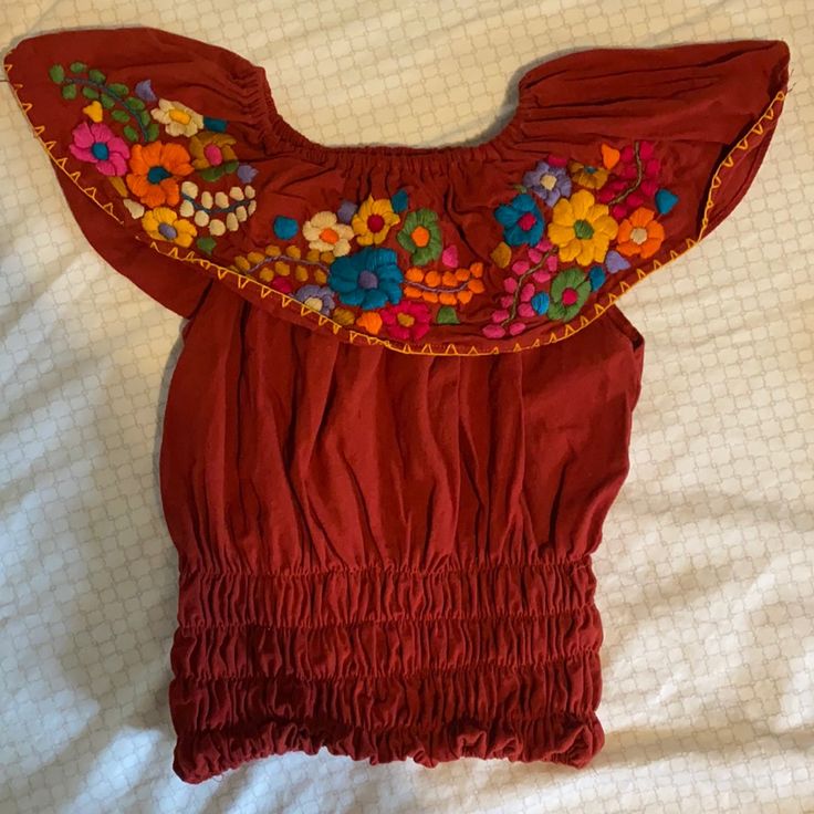 This Shirt Is So Beautiful. Hand Stitched. From Mexico. I Just No Longer Wear It. Looks So Damn Cute With A Highwaisted Skirt Or Jeans. Mexican Shirt Outfit, Highwaisted Skirts, Mexican Shirts, Off The Shoulder Blouse, Mexican Dresses, Strawberry Shortcake, Jeans Dress, Beautiful Hand, So Beautiful