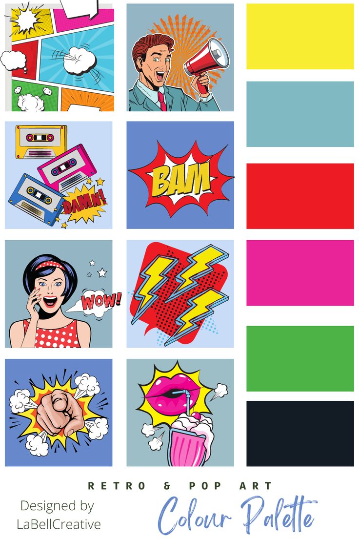 retro pop art collage with comic characters and color palettes on the bottom right hand corner