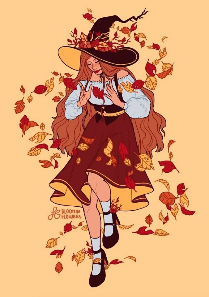 a woman in a witch costume with leaves around her