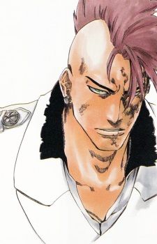 a drawing of a man with red hair and an eye patch on his face, wearing a white shirt