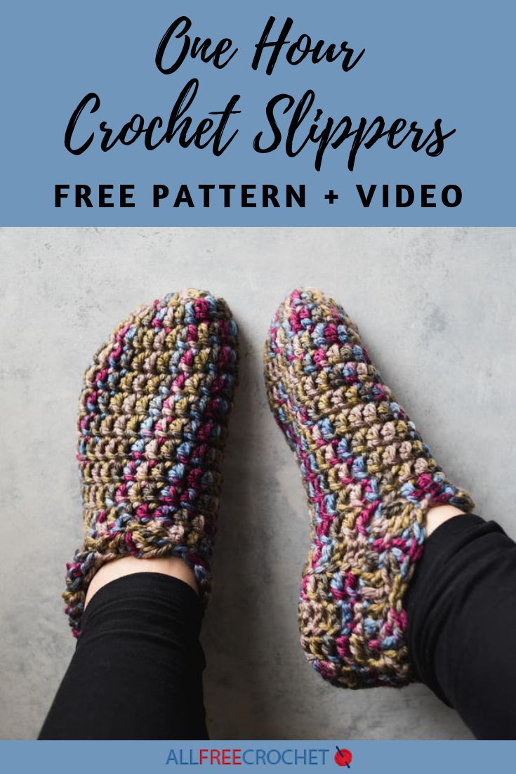 someone wearing crochet slippers with text overlay that reads, one hour crochet slippers free pattern + video