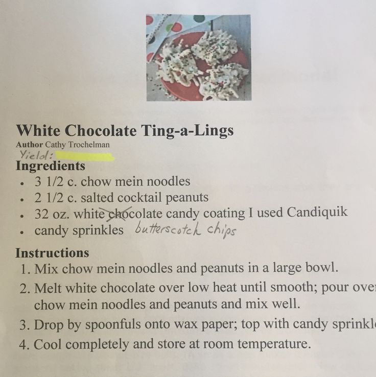 a recipe for white chocolate ting - a - lings is shown in the bottom left corner