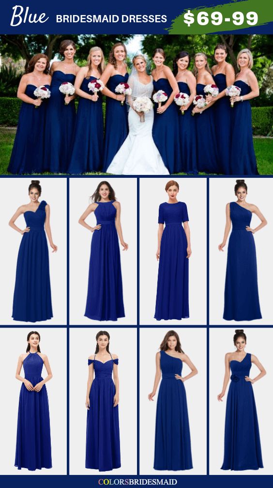 the bridesmaid dresses are blue and have different styles for each girl to wear