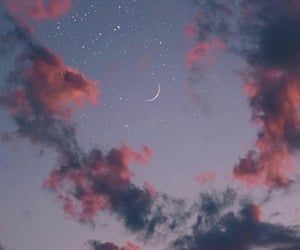 the sky is filled with clouds and stars as the moon shines in the distance