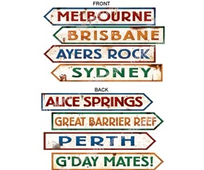 an image of street signs pointing in different directions with the words melbourne, brisbane, ayes rock sydney and alice springs great barrier reef