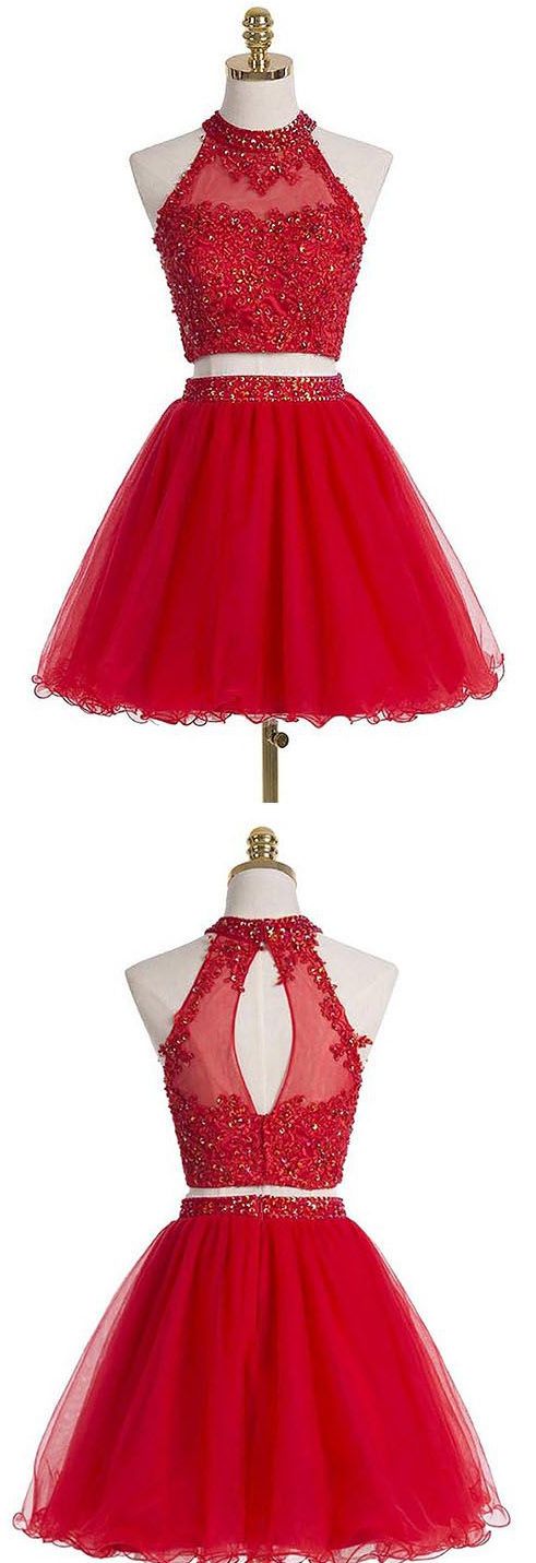 Two Piece Homecoming Dress With Applique and Beading, Short Prom Dress Red Homecoming Dresses Short, Cute Homecoming Dresses, Cheap Homecoming Dresses, Red Homecoming Dresses, Two Piece Homecoming Dress, Short Party Dress, Short Homecoming Dress, Short Prom Dress, Grad Dresses