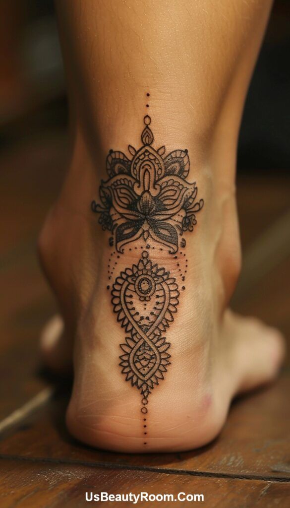 a woman's foot with a tattoo design on the top and bottom of it