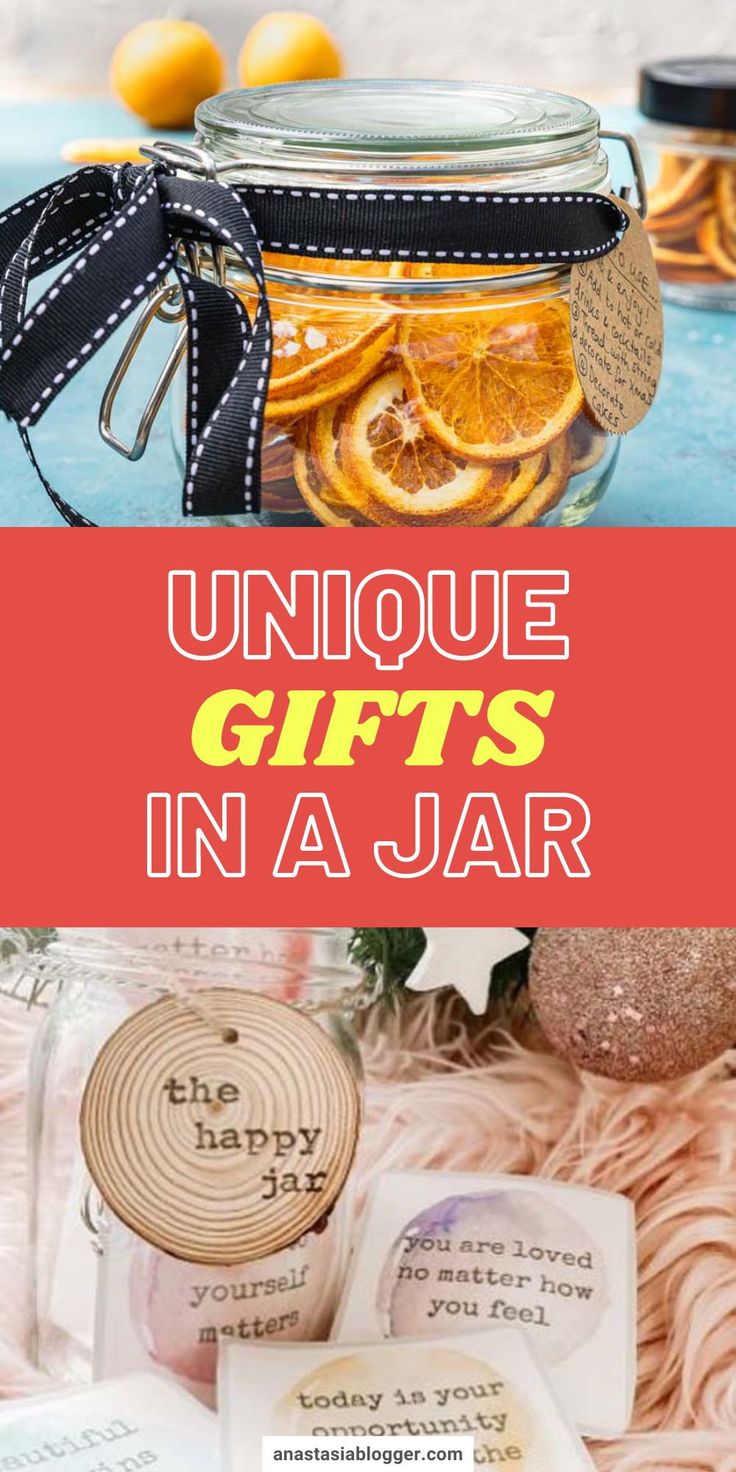 unique gifts in a jar with text overlay that reads unique gifts in a jar