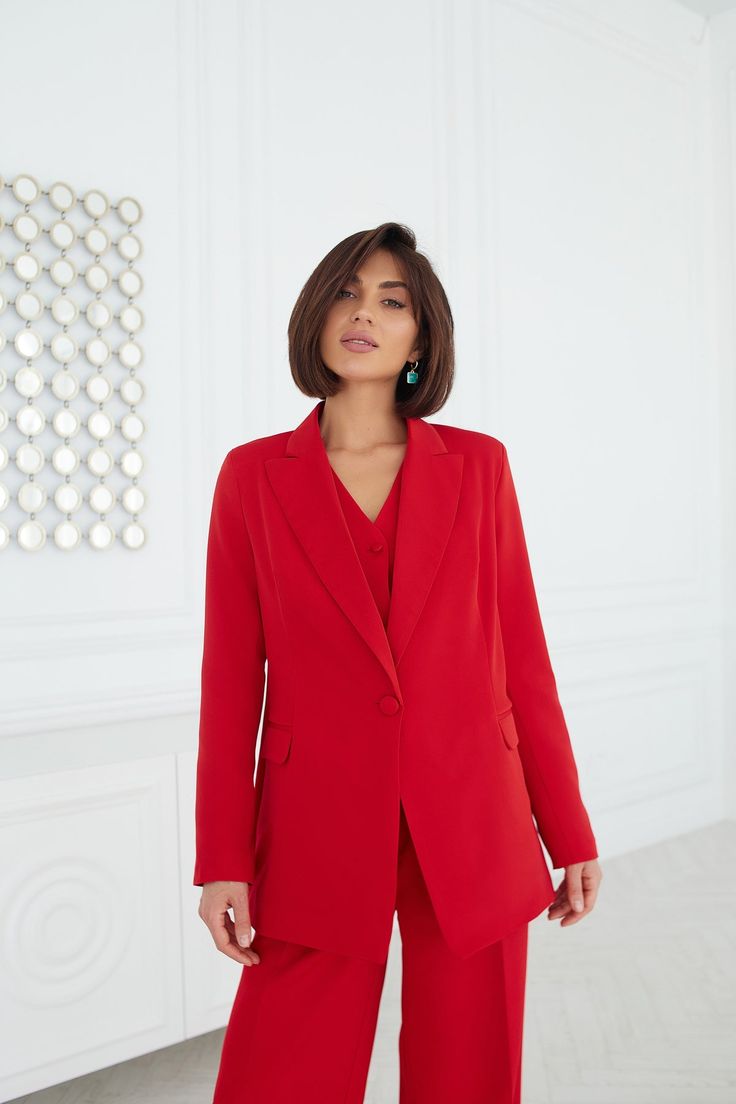 Red Oversized 3-Piece Suit – ELAGIA Classic Red Blazer For Office Wear, Red Workwear Blazer With Lapel Collar, Elegant Red Outerwear For Office, Red Notch Lapel Blazer For Work, Chic Red Blazer With Suit Collar, Chic Red Blazer For Business Casual, Red Lapel Collar Suit For Work, Chic Red Notch Lapel Suits, Red Single Button Blazer For Work