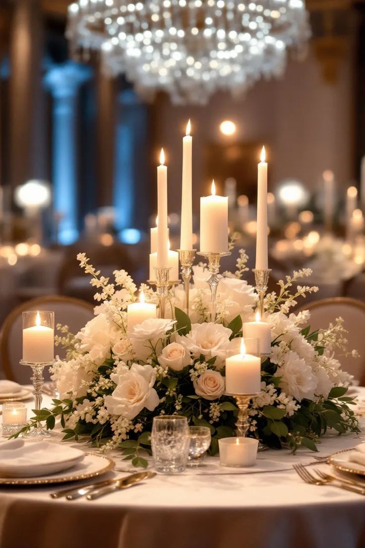 a centerpiece with white flowers and candles is displayed on a table in front of the chandelier