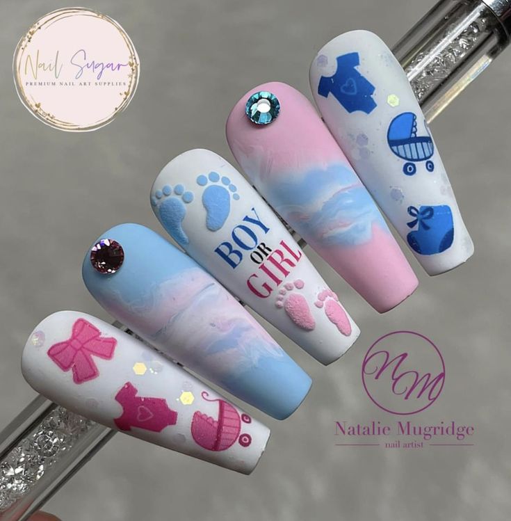 Nail Art Baby Shower Ideas, Mom To Be Nails, Baby Reveal Nails Ideas, Gender Reveal Ideas Nails, Baby Shower Nail Art Designs, Uñas Baby Shower, Pregnancy Nails Designs, Baby Nails Design, Gender Nails Ideas