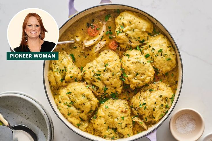 a pot full of chicken and dumplings with a woman's face next to it