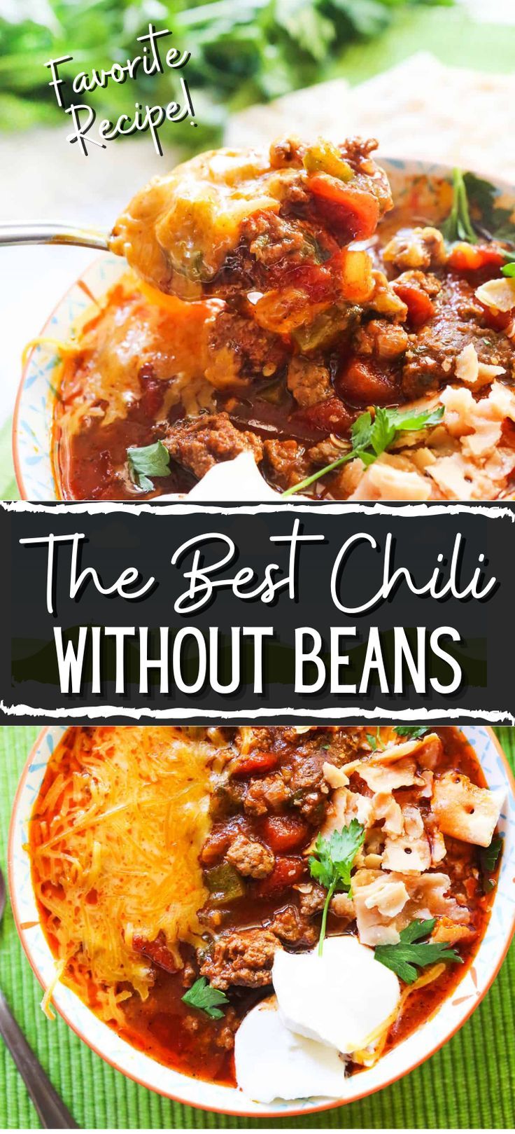 Collage of bowlful of chili without beans at top and bottom. Slow Cooker Chili Without Beans, Crockpot No Bean Chili Recipe, Chilling Beans Recipe, Beanless Chili Recipe Easy, No Bean Chilli Recipes, Beanless Chili Recipe Crockpot, No Bean Chili Crockpot, Beanless Chilli, Chili Without Beans Recipe