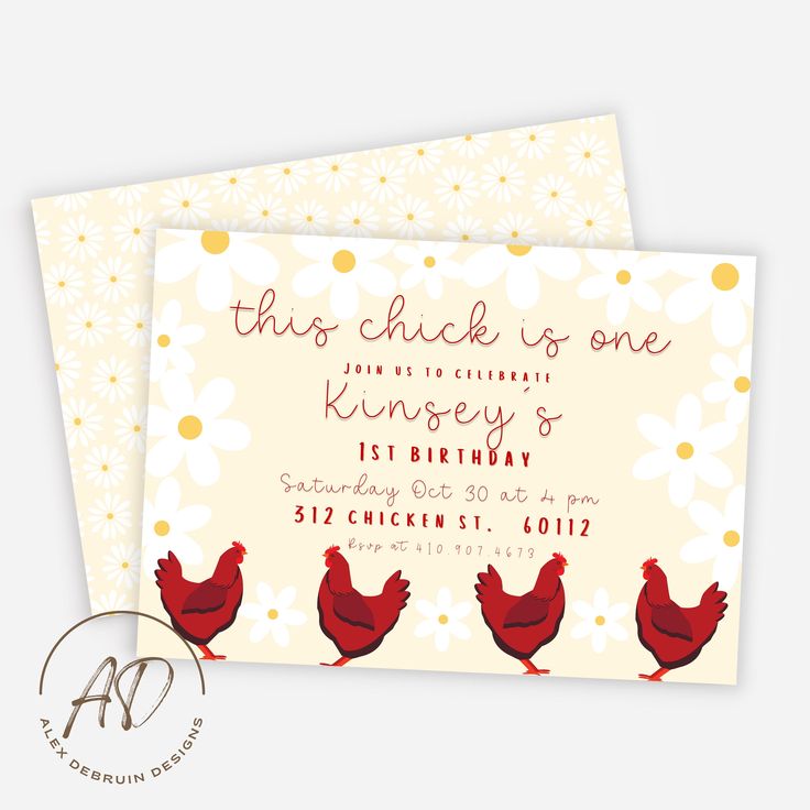 two red chickens are standing in front of white daisies on a yellow background with the words, this chick is one