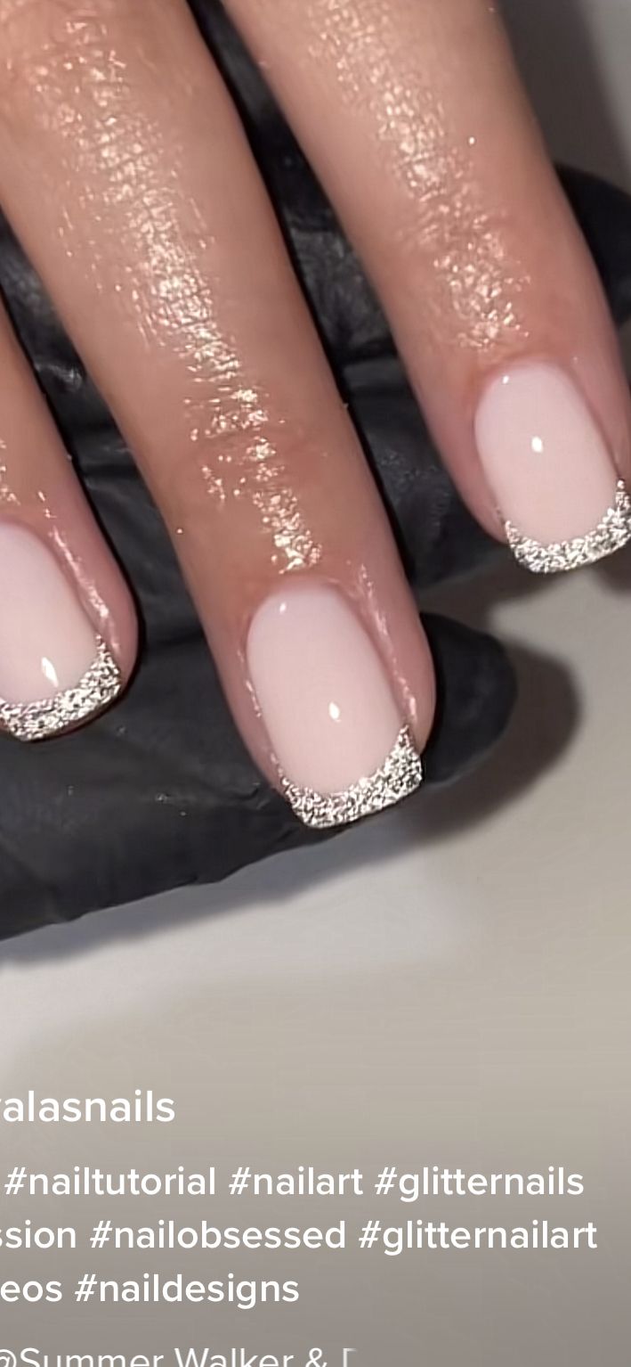 Wedding Guest Biab Nails, New Years Nails Natural Short, Simple Nail Designs Ring Finger, Formal Nail Ideas Silver, Sparkle French Manicure Glitter, Simple Pageant Nails, Nails To Match Sequin Dress, Professional Nails For Work Square, Sparkle Nail Tips Glitter