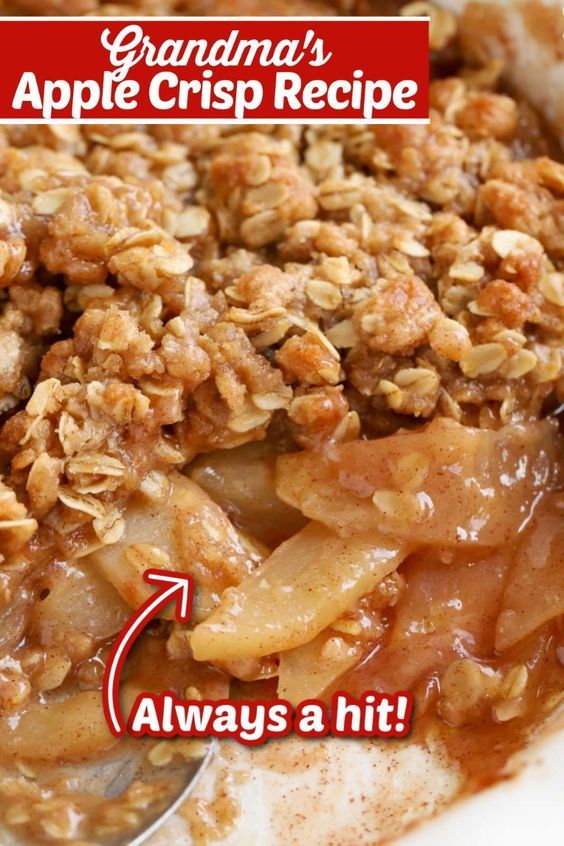 the words grandma's apple crisp recipe are in red and white