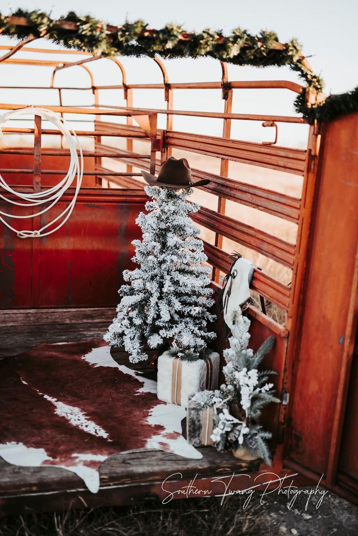 a small christmas tree sitting on top of a wooden bench next to a cow pen