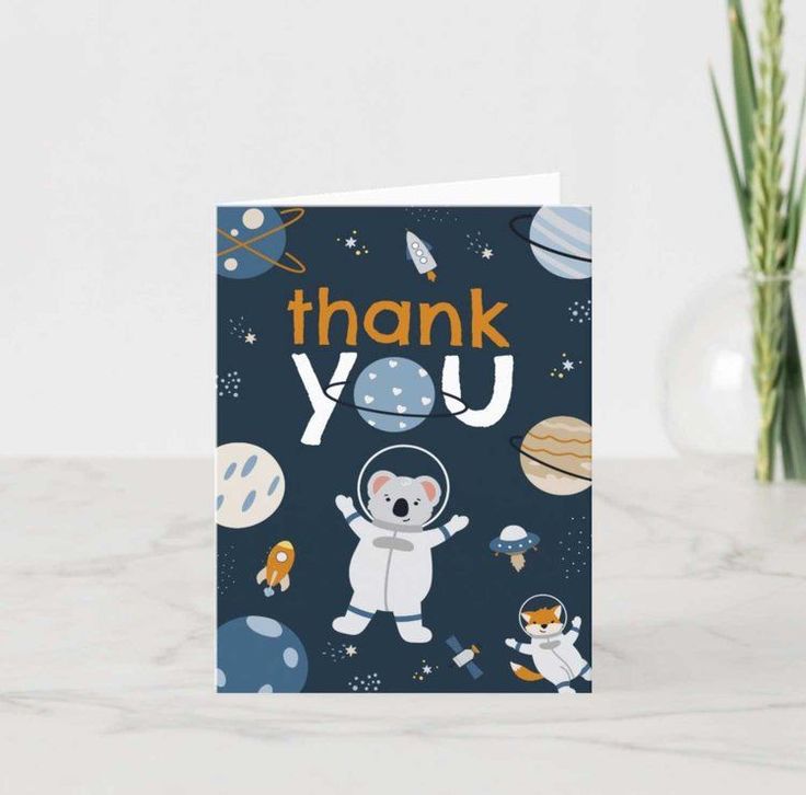 a thank card with an astronaut bear on it