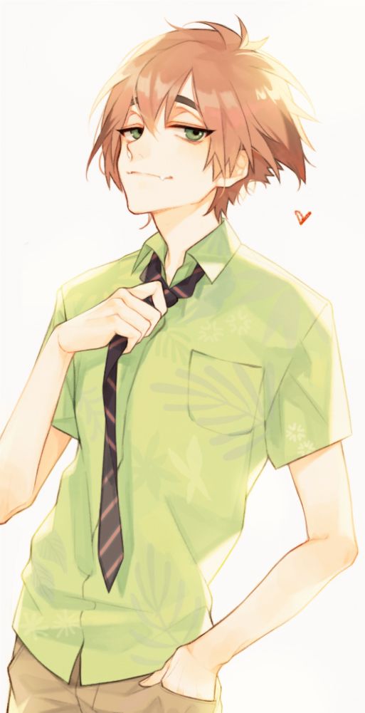 an anime boy wearing a green shirt and tie