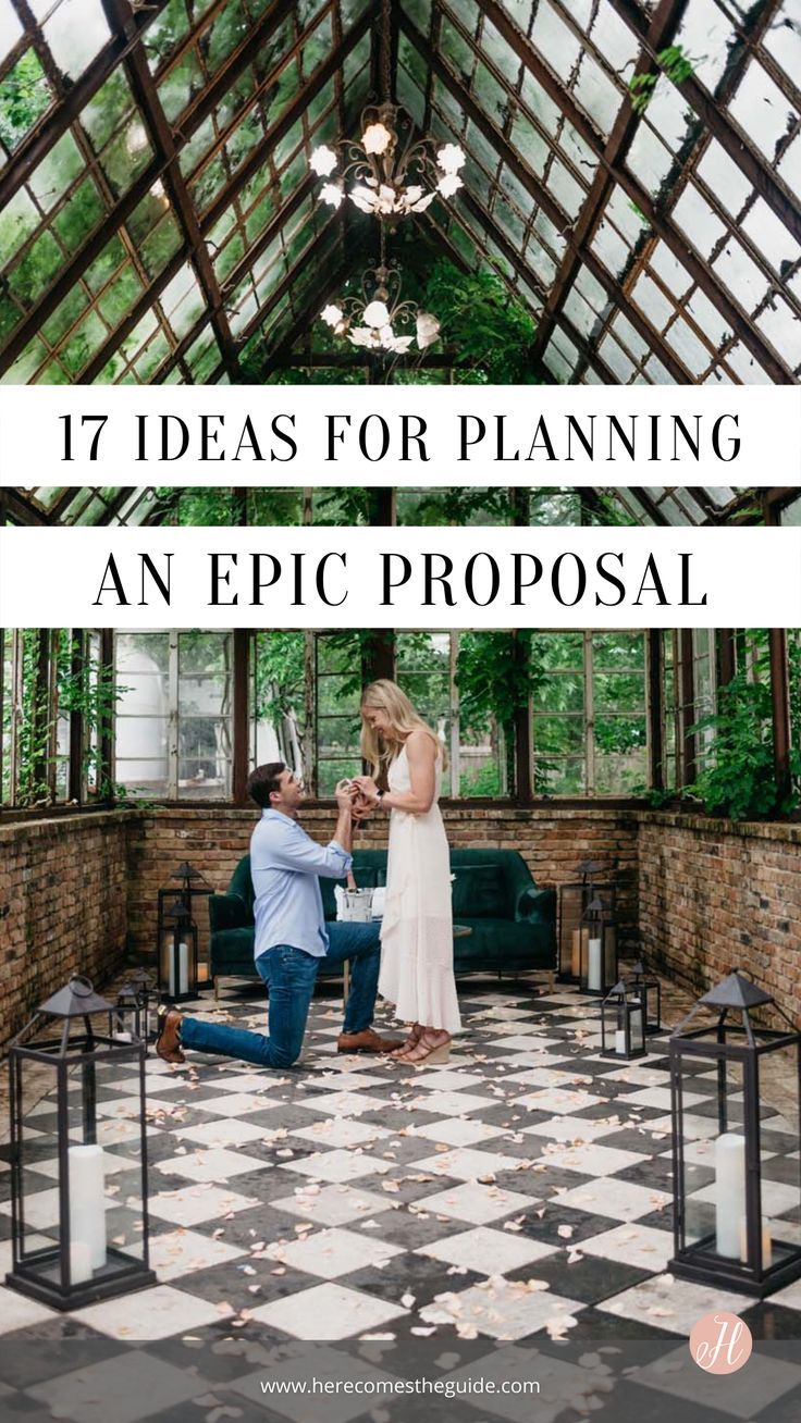 a man kneeling down next to a woman on a checkered floor with the words 17 ideas for planning an epic proposal