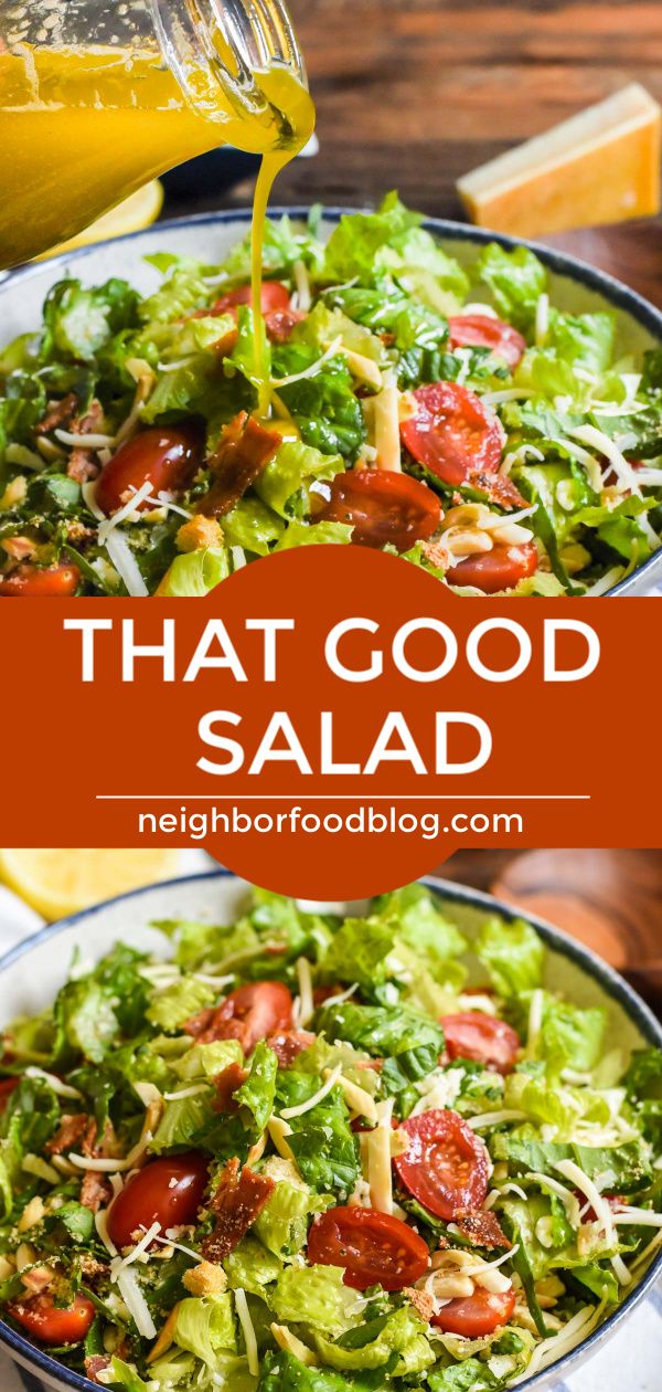 a salad with lettuce, tomatoes and cheese is being poured into a bowl