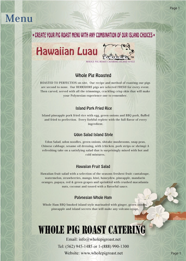 the menu for hawaiian luau with flowers on it