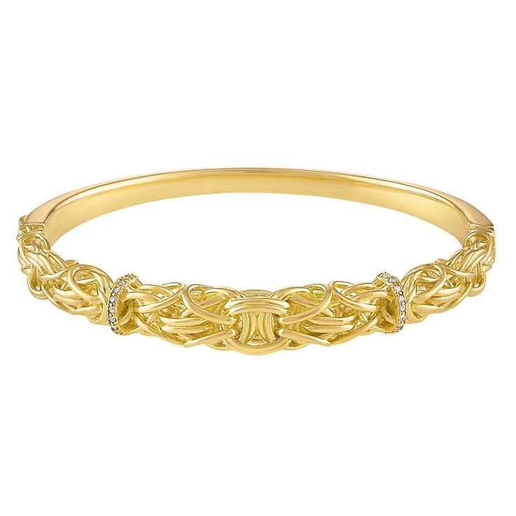 Bedazzle yourself with this Tiara 14k gold over silver diamond accents Byzantine bangle bracelet. Bedazzle yourself with this Tiara 14k gold over silver diamond accents Byzantine bangle bracelet. Length: 8 in. Metal: sterling silver Plating: 14k gold Finish: polished Packaging: boxed Nickel freeDIAMOND DETAILS Total weight: less than 1/10 ct. Shape: round Setting: prong Diamond weights are approximate. Diamond Total Weights may vary between .01 and .13 ct. Some diamonds consist of fewer than 17 Fine Jewelry Bangle With Pave Setting, Gold Bracelets With Pave Setting As Gift, Yellow Gold Bangle With Pave Setting For Gift, Gold Bangle With Pave Setting As Gift, Anniversary Pave Setting Bangle Jewelry, Heirloom Gold Jewelry With Pave Setting, Fine Jewelry Bangle With Pave Setting As Gift, Pave Setting Bangle As Gift, Yellow Gold Bangle With Diamond Accents