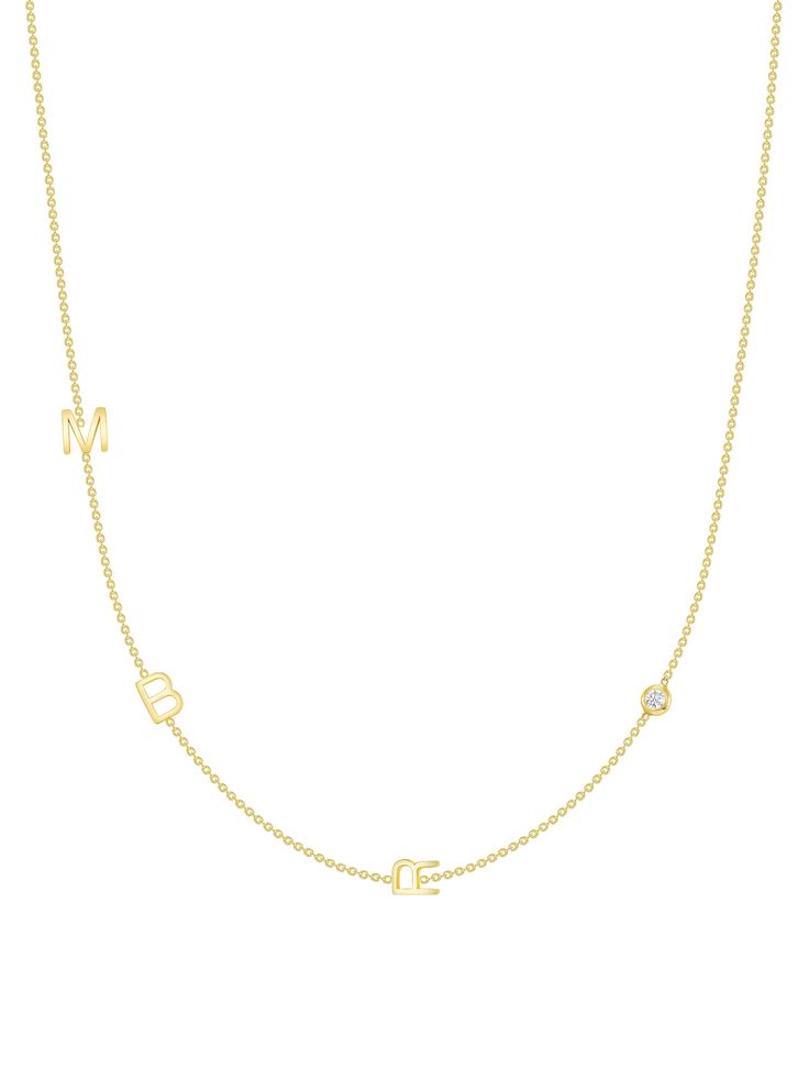 This 14k yellow gold custom tiny personalized necklace is made with three (3) initials of your choice. Monogram it to your liking! You can also choose to add a bezeled baguette or round diamond. Great to display your own initials, your children's initials for a new mom, or anyone else you want to wear close to your heart. Comes in chain lengths 16" & 18" or adjustable 18" with loops at 16" & 17" . Custom made, please allow 2-3 weeks for shipment. Details 14k yellow gold Bezeled Baguette Customizable Yellow Gold Initial Pendant Necklace, Custom Yellow Gold Initial Pendant Necklace, Anniversary Yellow Gold Monogram Initial Necklace, Personalized Initial Pendant Diamond Necklace In 14k Gold, Personalized 14k Gold Diamond Necklace With Initial Pendant, Personalized 14k Gold Diamond Initial Pendant Necklace, 14k Yellow Gold Diamond Necklace With Initials, 14k Gold Monogram Initial Necklace For Anniversary, Custom Name Initial Pendant Necklace In Yellow Gold