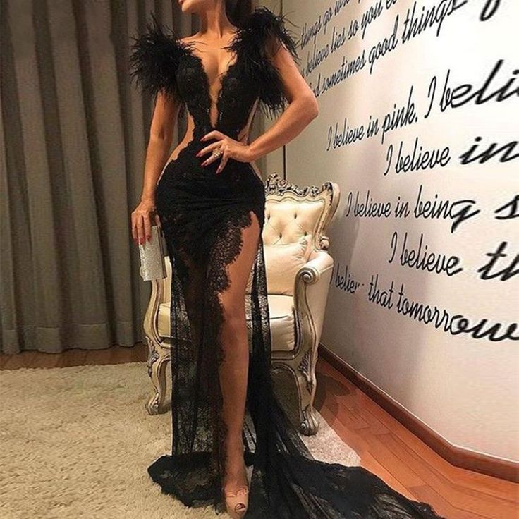 Black Mermaid Split Evening Dresses 2024 Sexy Women Formal Party Night Elegant V-Neck Lace Feather Evening Dress Short Classy, Black Evening Dress Short Classy, Evening Dress Short, Black Lace Evening Dress, Long Black Evening Dress, Black Evening Dress, Black Mermaid, فستان سهرة, Black Evening Dresses