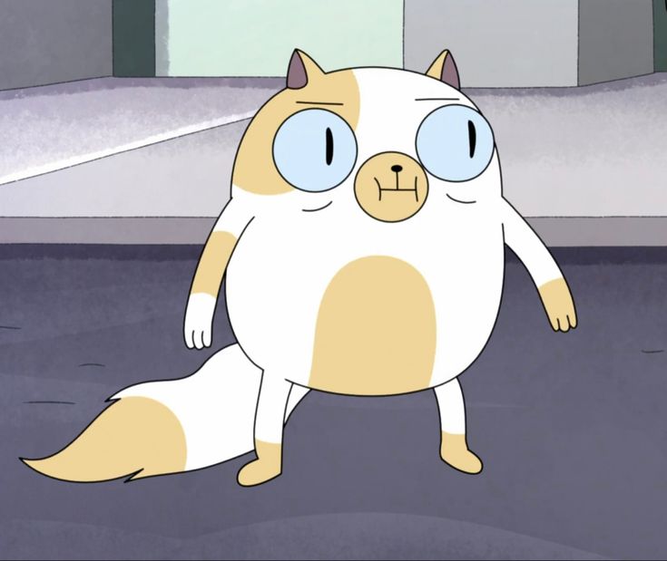 a cartoon cat with big blue eyes standing in the middle of an empty room,