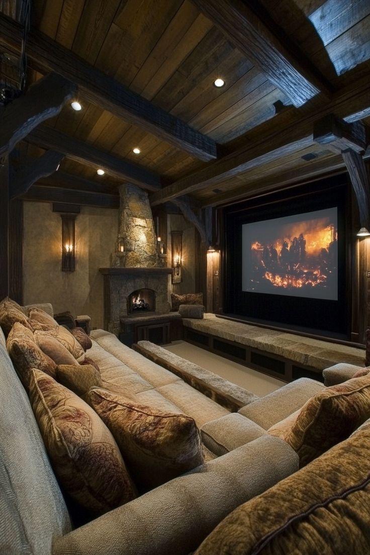 a living room with couches and a large screen