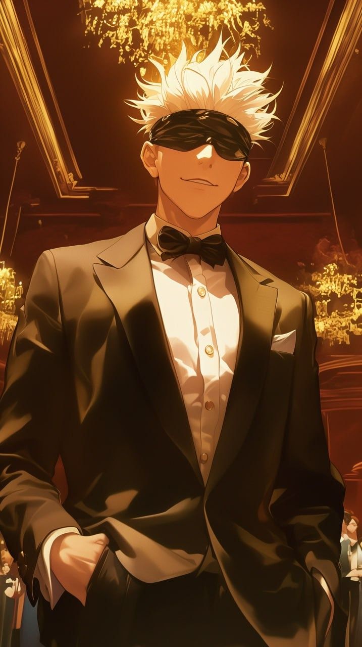 an anime character in a tuxedo with his hands on his hips, standing next to a chandelier