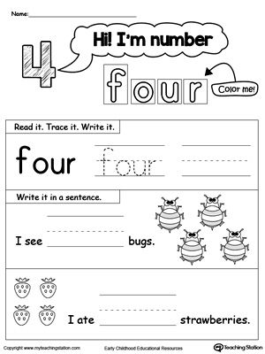 worksheet for beginning and ending the number four, with pictures on each page